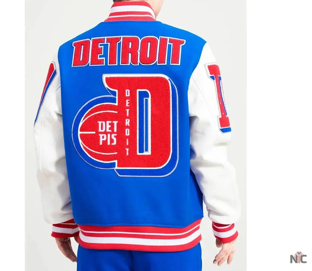 Detroit Pistons Mashup Varsity Royal and White Jacket NYC Jackets