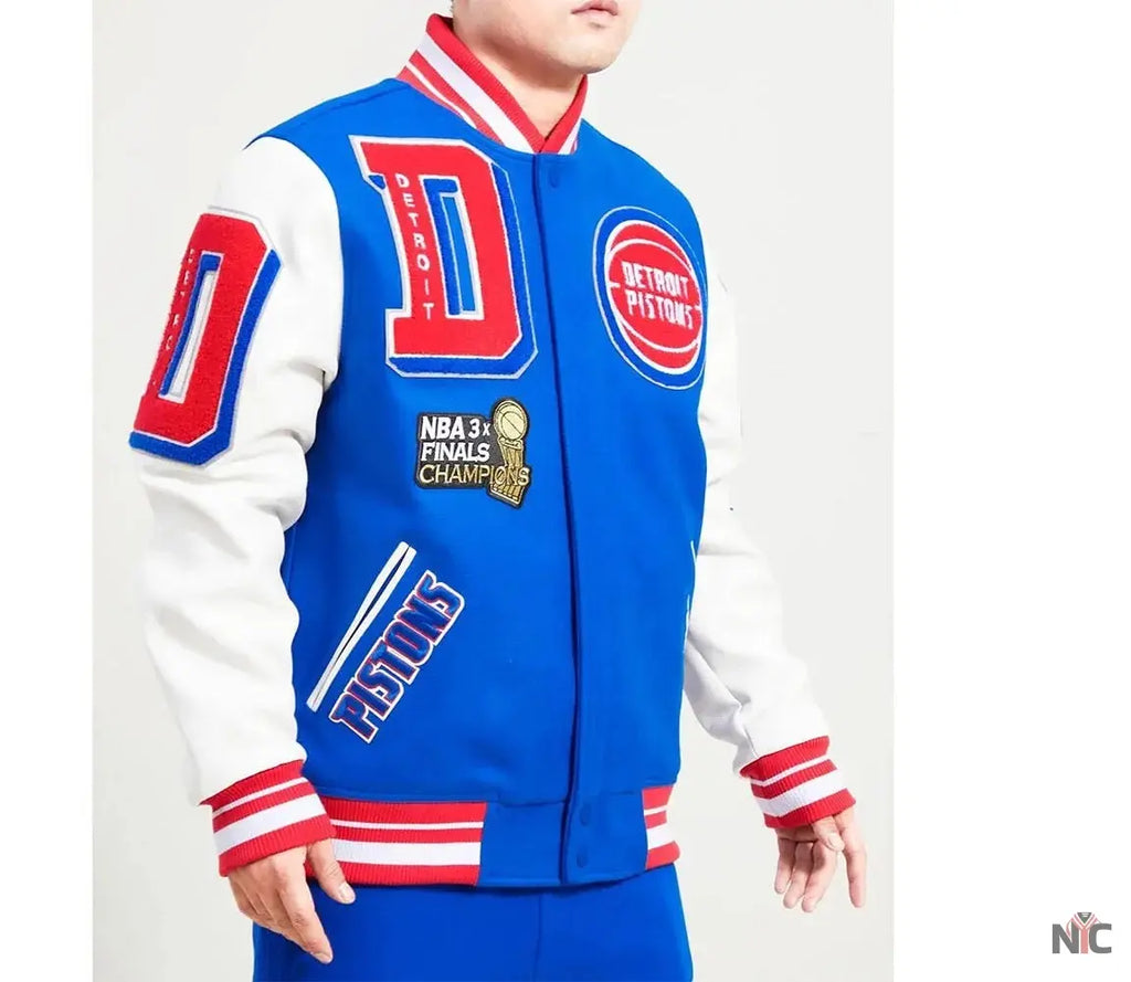 Detroit Pistons Mashup Varsity Royal and White Jacket NYC Jackets