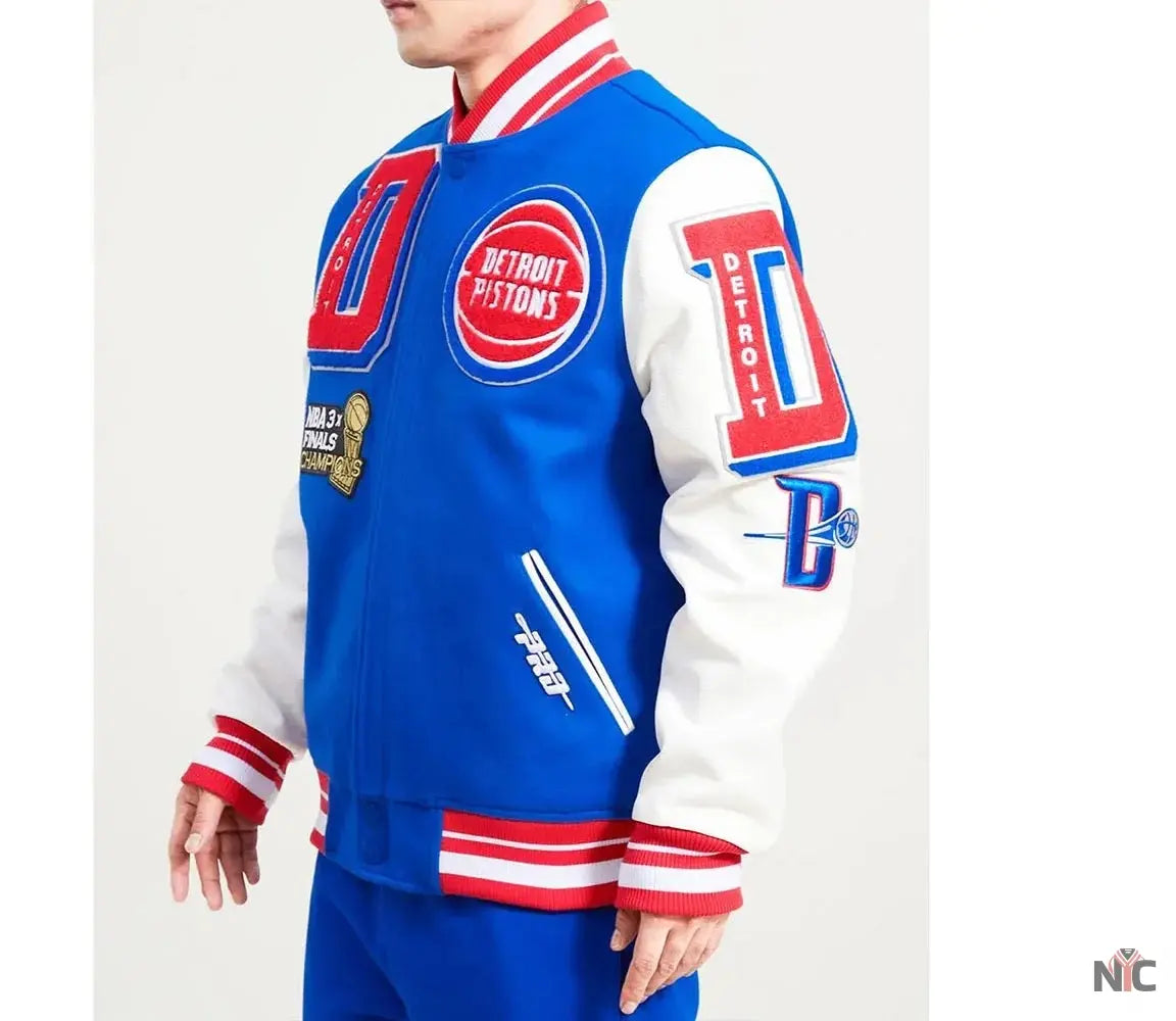 Detroit Pistons Mashup Varsity Royal and White Jacket NYC Jackets