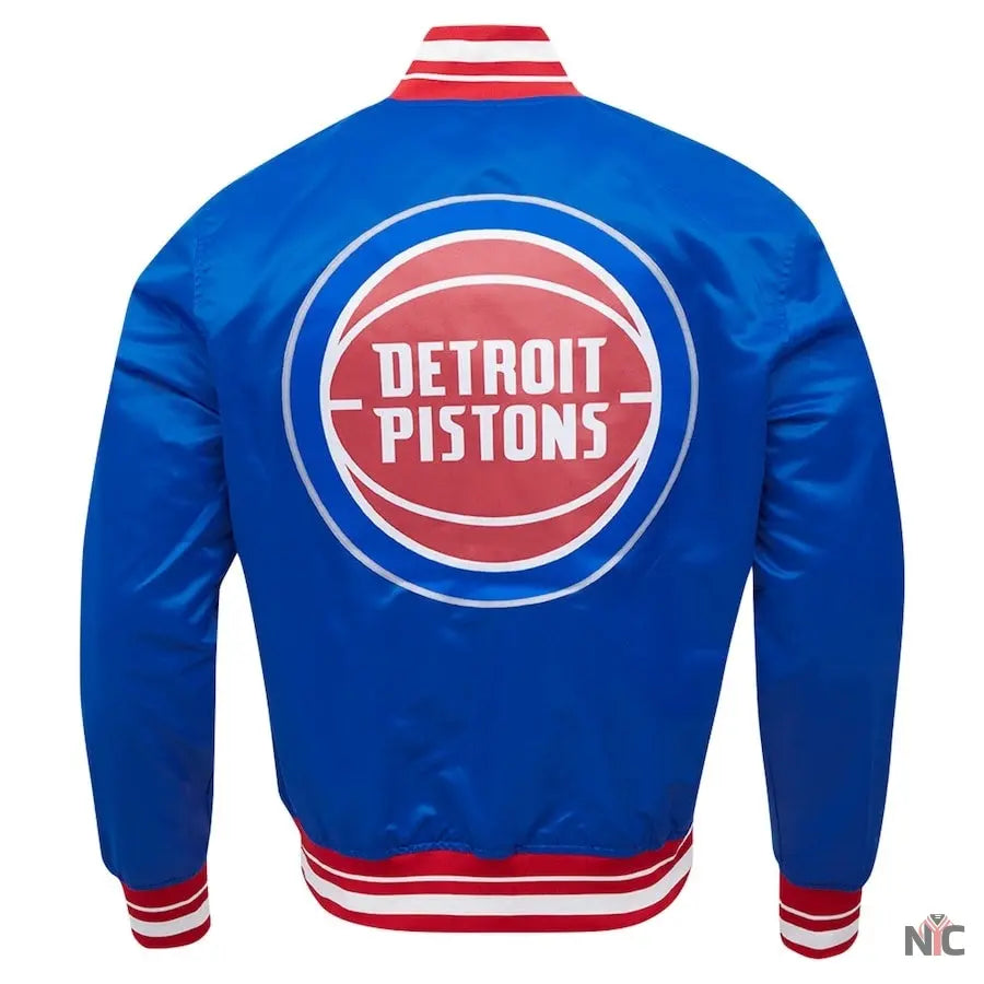 Detroit Pistons Script Tail Blue Satin Varsity Jacket NYC Jackets