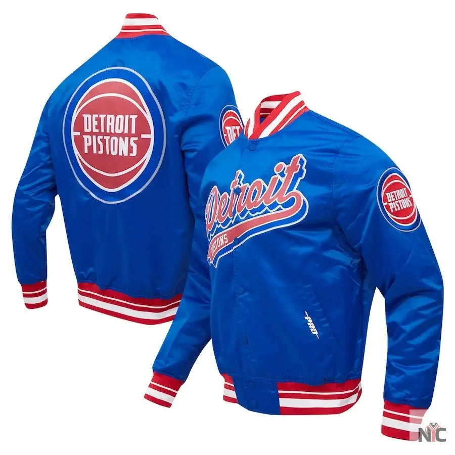 Detroit Pistons Script Tail Blue Satin Varsity Jacket NYC Jackets