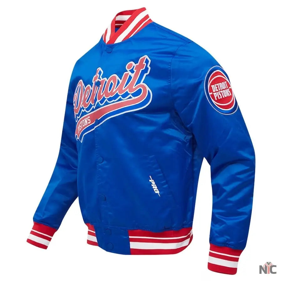 Detroit Pistons Script Tail Blue Satin Varsity Jacket NYC Jackets