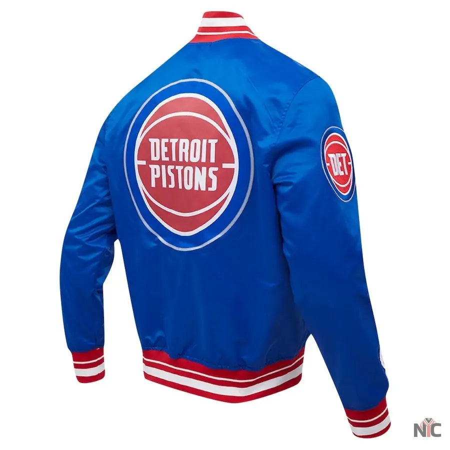 Detroit Pistons Script Tail Blue Satin Varsity Jacket NYC Jackets
