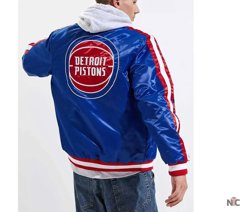 Detroit Pistons Striped Varsity Blue Satin Jacket NYC Jackets