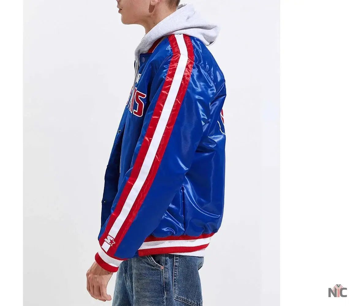 Detroit Pistons Striped Varsity Blue Satin Jacket NYC Jackets