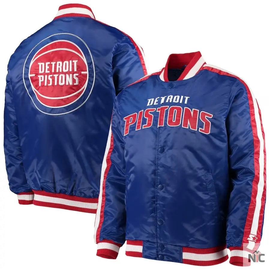 Detroit Pistons Striped Varsity Blue Satin Jacket NYC Jackets