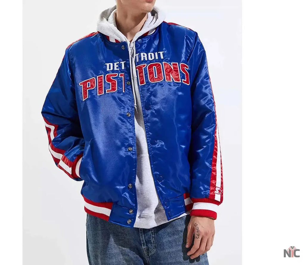 Detroit Pistons Striped Varsity Blue Satin Jacket NYC Jackets