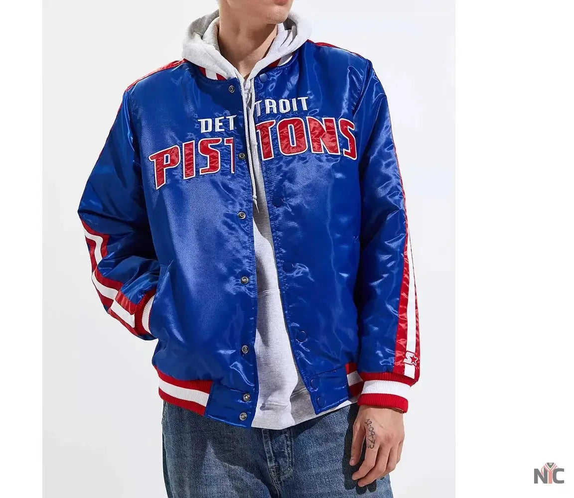 Detroit Pistons Striped Varsity Blue Satin Jacket NYC Jackets