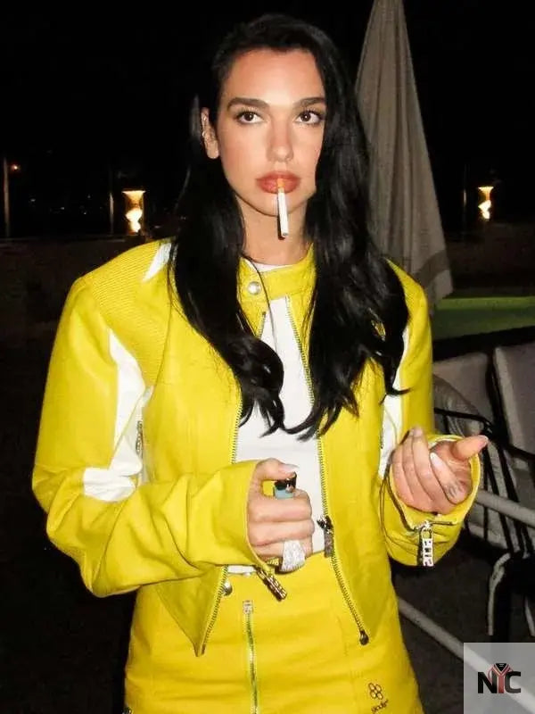 Dua Lipa Spongebob Yellow Leather Jacket NYC Jackets