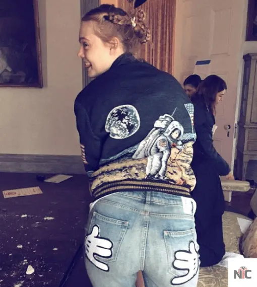 Elle Fanning Saint Laurent Moon Landing Black Varsity Jacket NYC Jackets