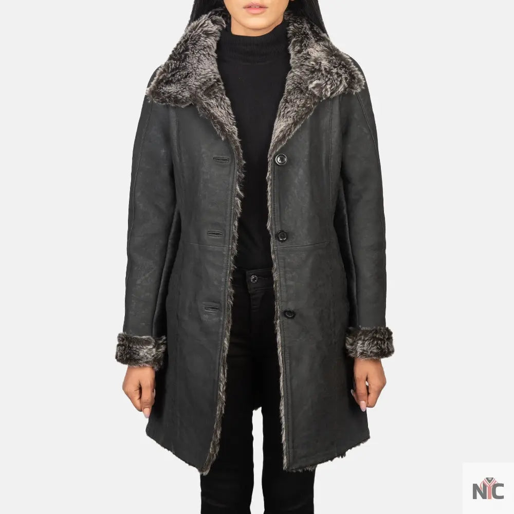 Erica Shearling Black Leather Coat NYC Jackets