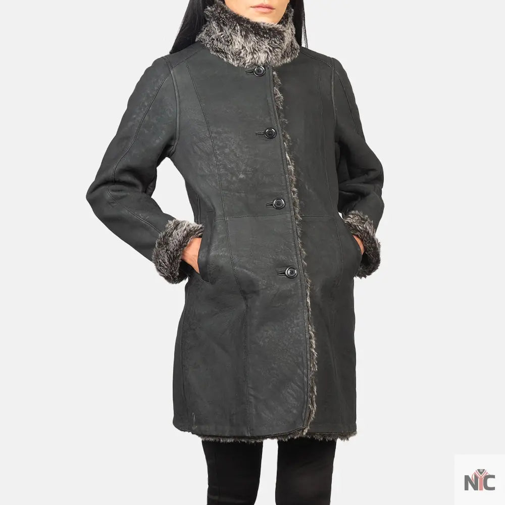 Erica Shearling Black Leather Coat NYC Jackets