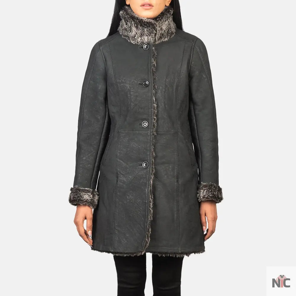 Erica Shearling Black Leather Coat NYC Jackets