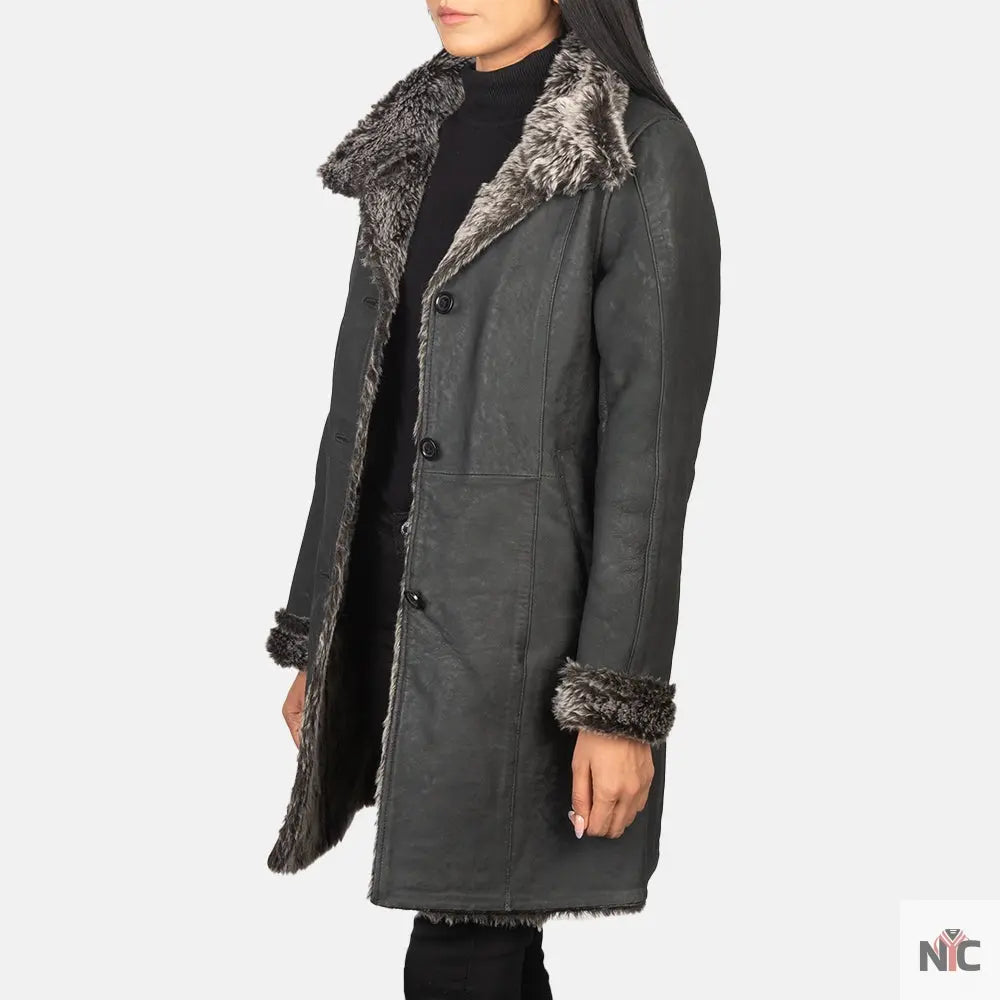 Erica Shearling Black Leather Coat NYC Jackets