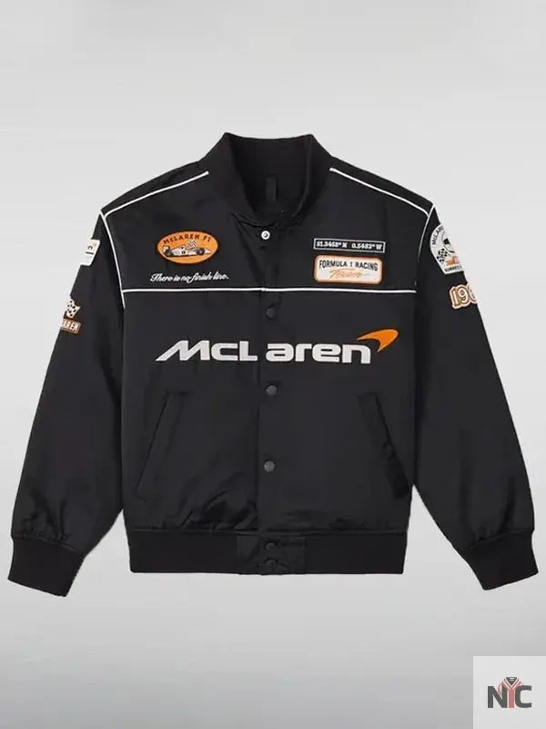 F1 McLaren Black Satin Bomber Jacket NYC Jackets