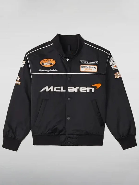 F1 McLaren Black Satin Bomber Jacket