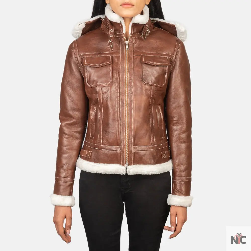 Fiona Brown Hooded Shearling Leather Jacket NYC Jackets