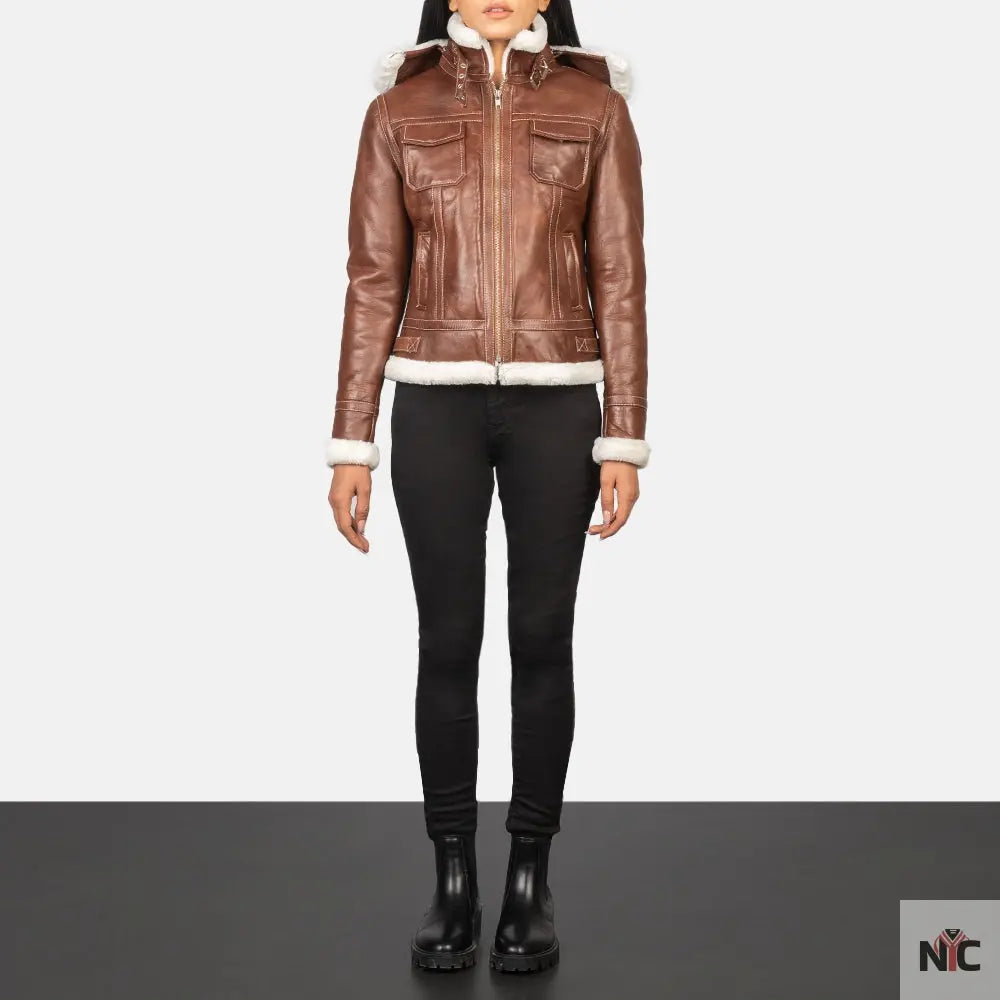 Fiona Brown Hooded Shearling Leather Jacket NYC Jackets