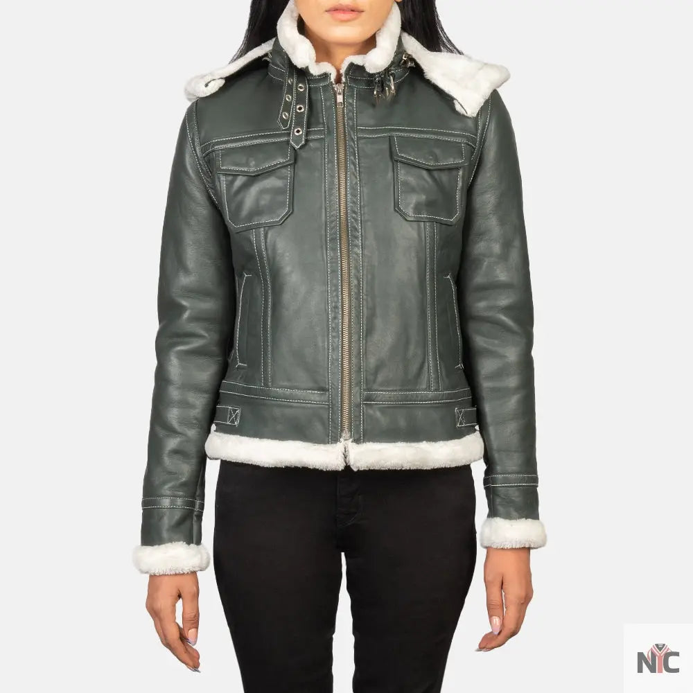 Fiona Green Hooded Shearling Leather Jacket NYC Jackets