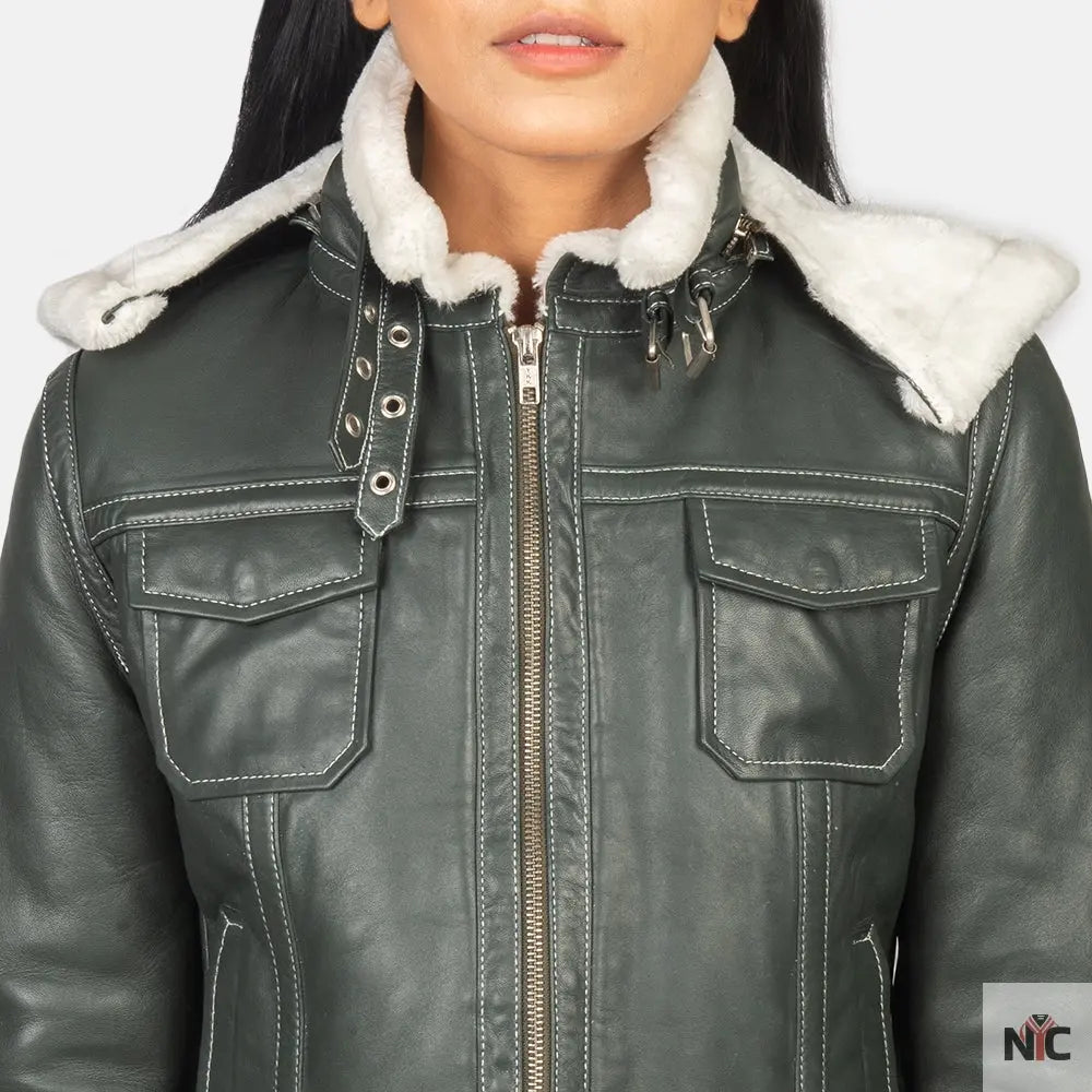 Fiona Green Hooded Shearling Leather Jacket NYC Jackets