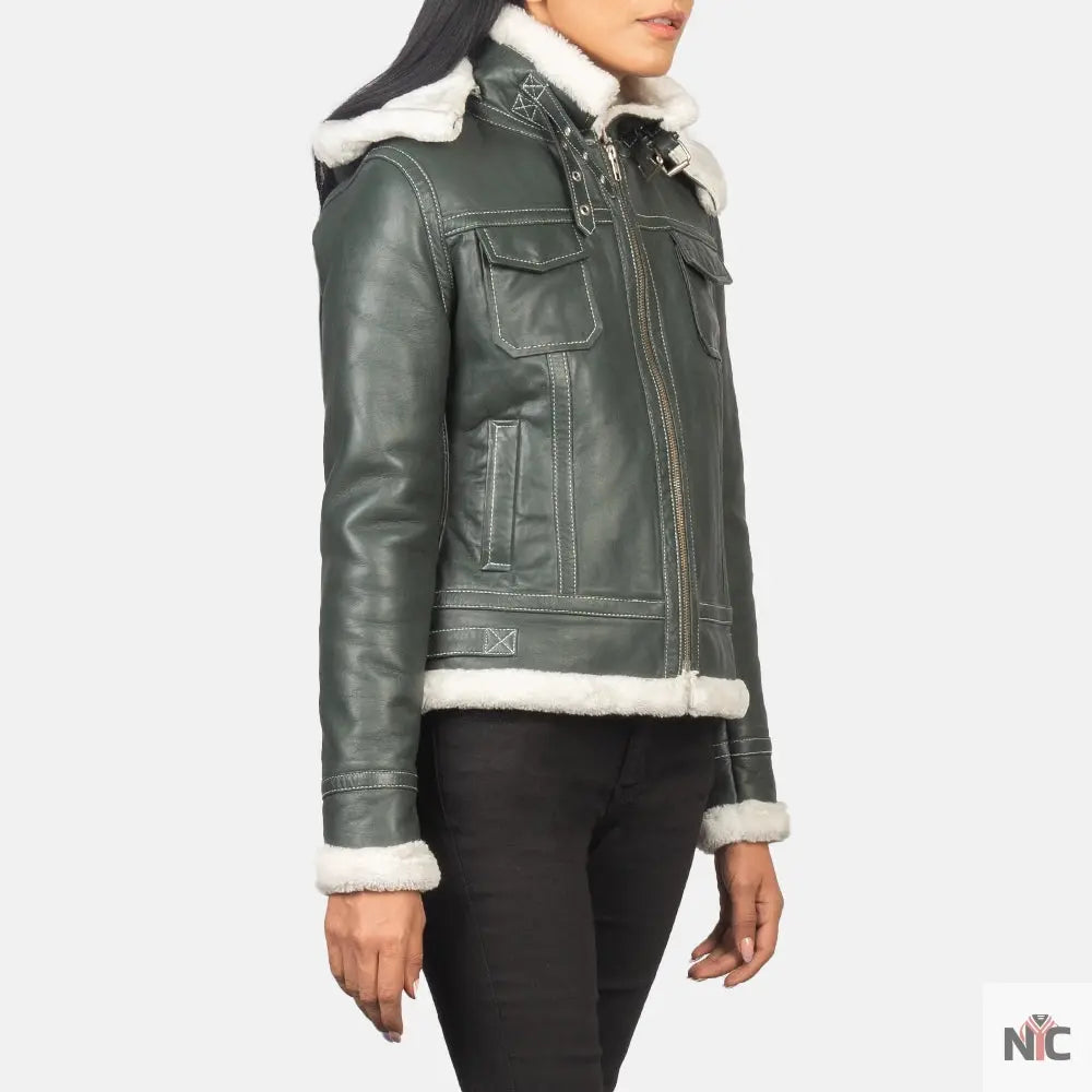 Fiona Green Hooded Shearling Leather Jacket NYC Jackets