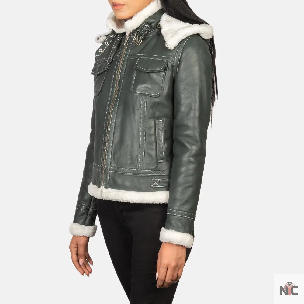 Fiona Green Hooded Shearling Leather Jacket NYC Jackets