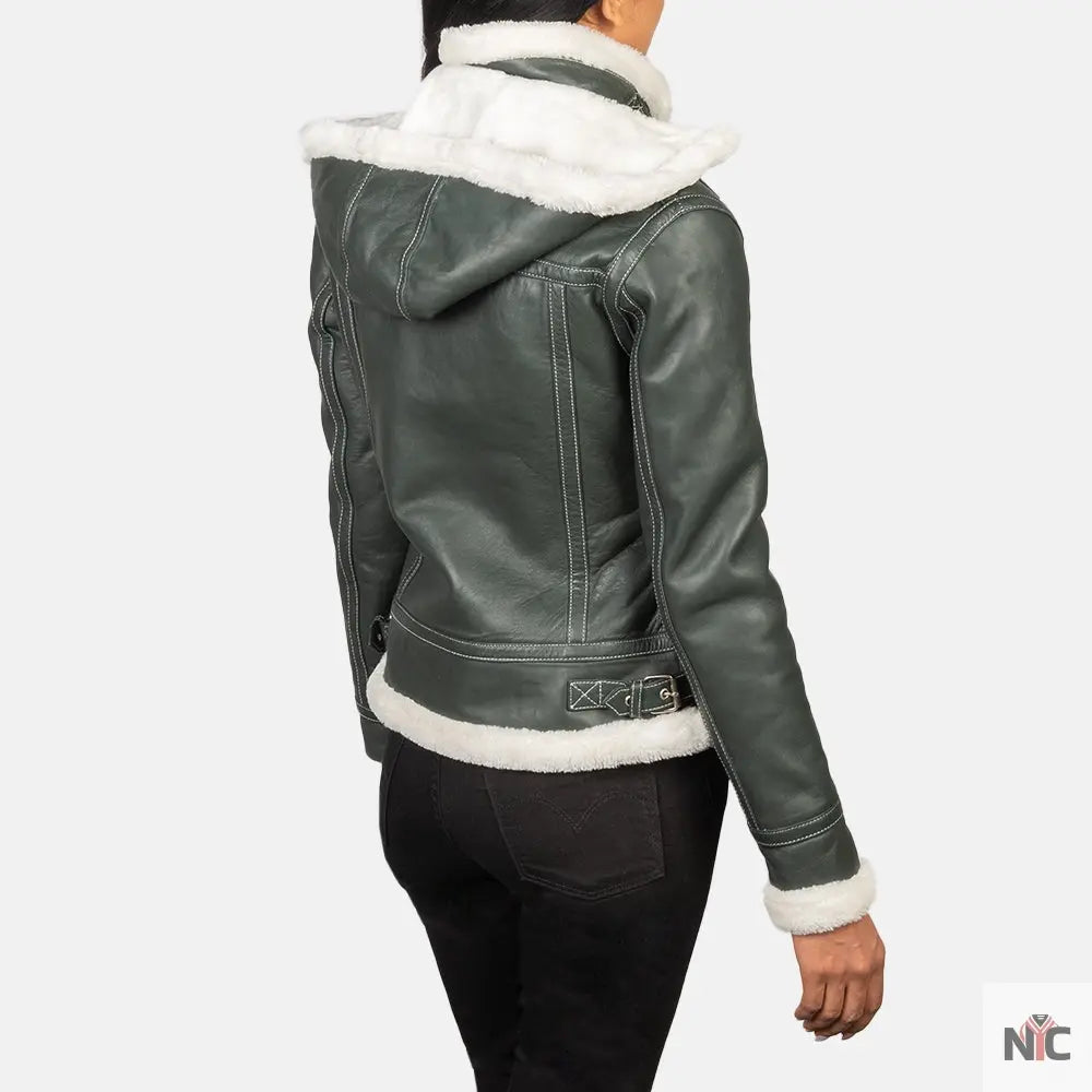 Fiona Green Hooded Shearling Leather Jacket NYC Jackets
