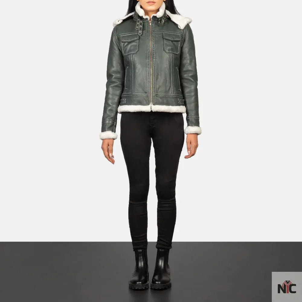 Fiona Green Hooded Shearling Leather Jacket NYC Jackets