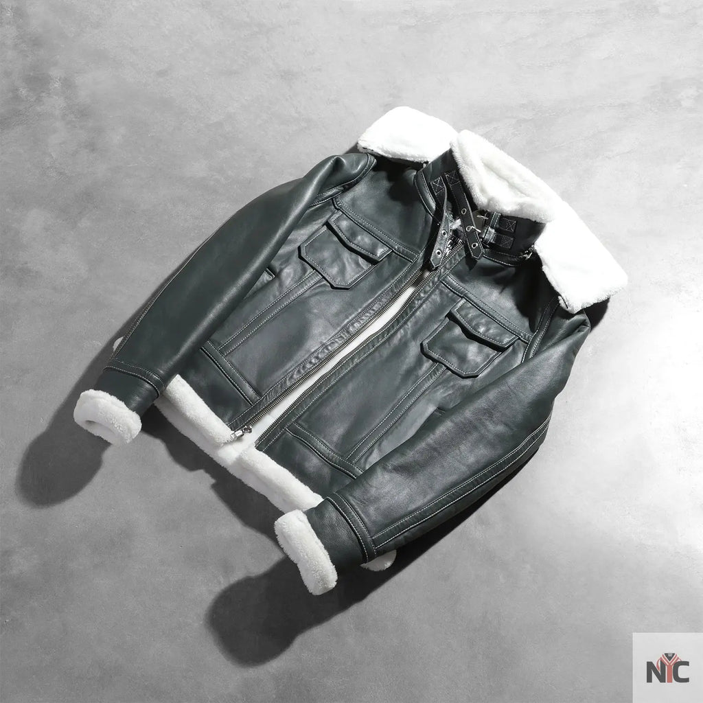 Fiona Green Hooded Shearling Leather Jacket NYC Jackets
