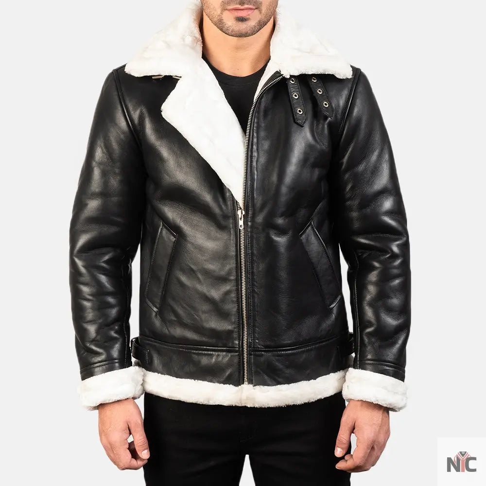 Francis B-3 Black & White Leather Bomber Jacket NYC Jackets