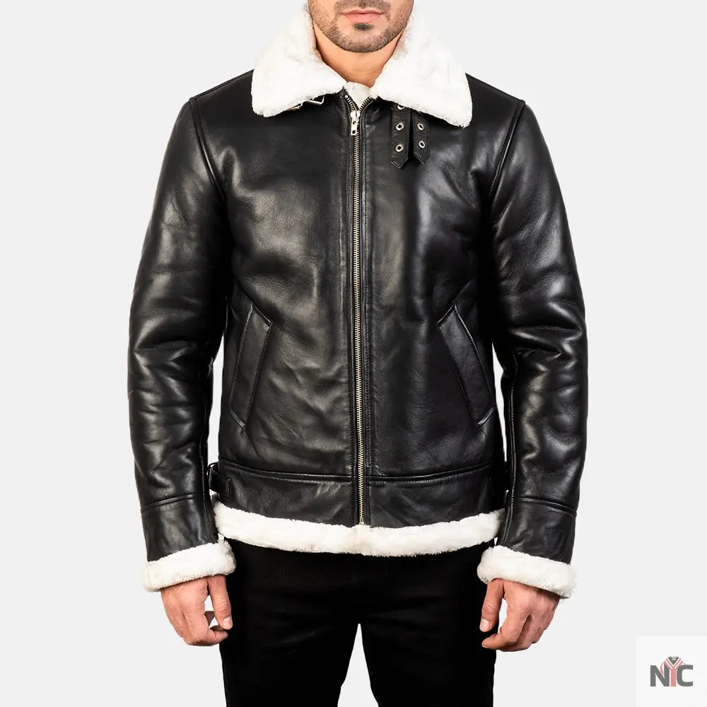 Francis B-3 Black & White Leather Bomber Jacket NYC Jackets