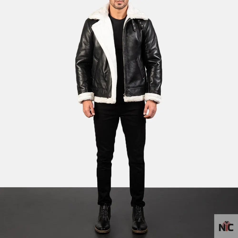 Francis B-3 Black & White Leather Bomber Jacket NYC Jackets