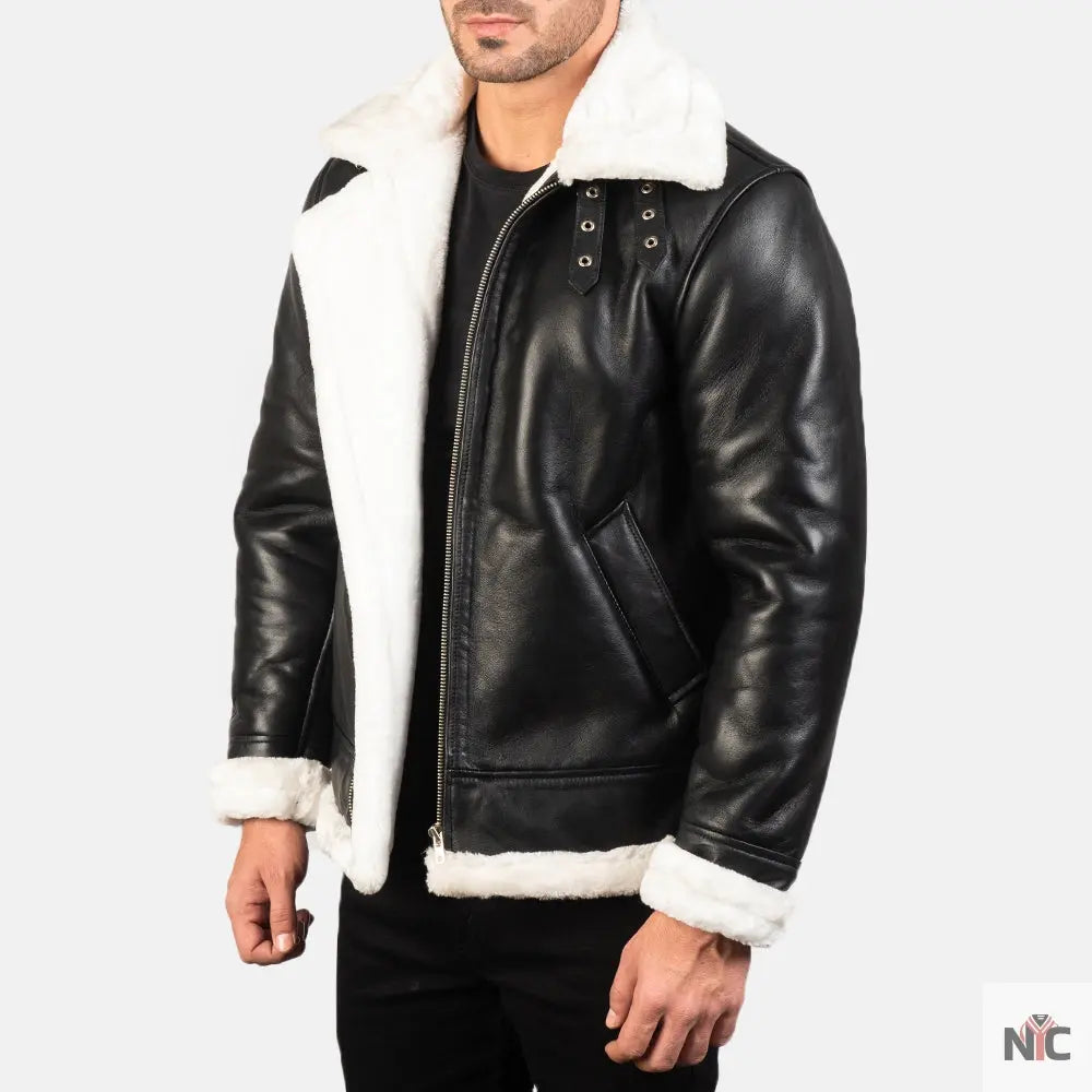 Francis B-3 Black & White Leather Bomber Jacket NYC Jackets