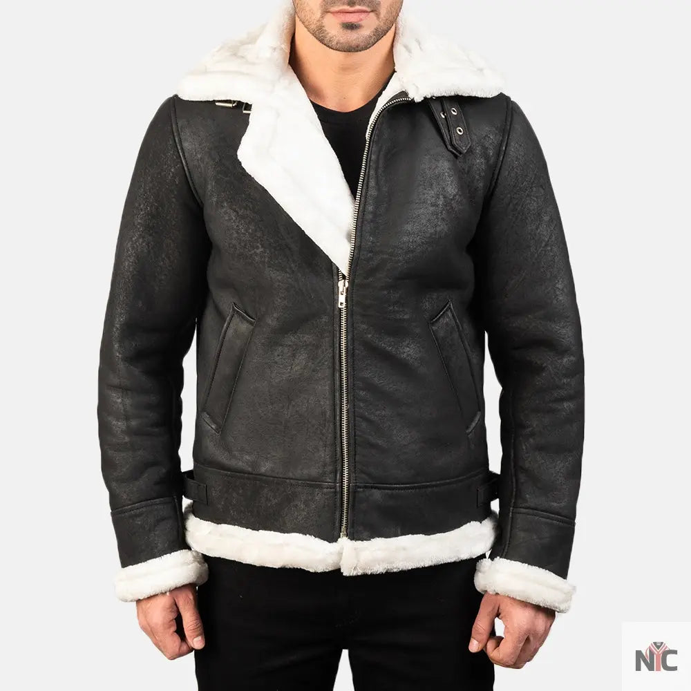 Francis B-3 Distressed Black Leather Bomber Jacket NYC Jackets