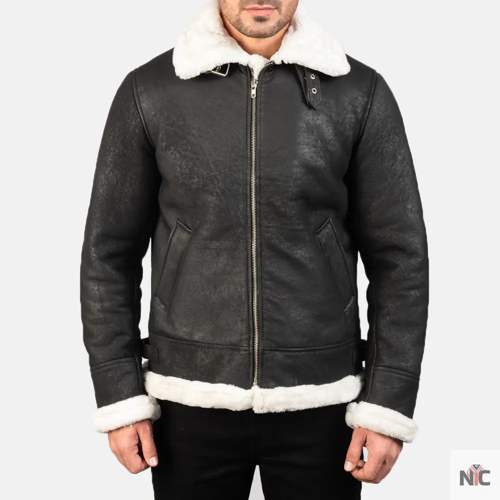Francis B-3 Distressed Black Leather Bomber Jacket NYC Jackets