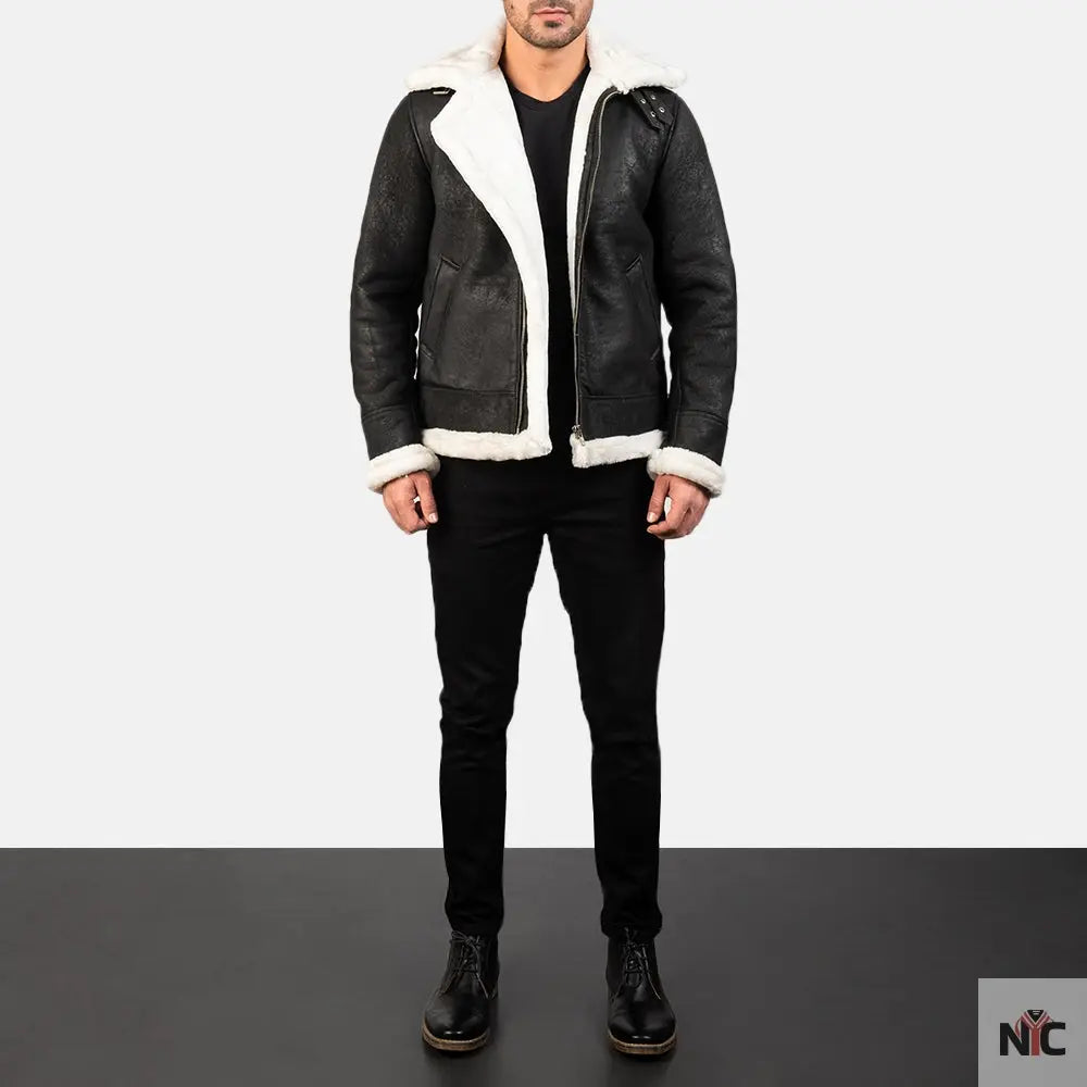 Francis B-3 Distressed Black Leather Bomber Jacket NYC Jackets