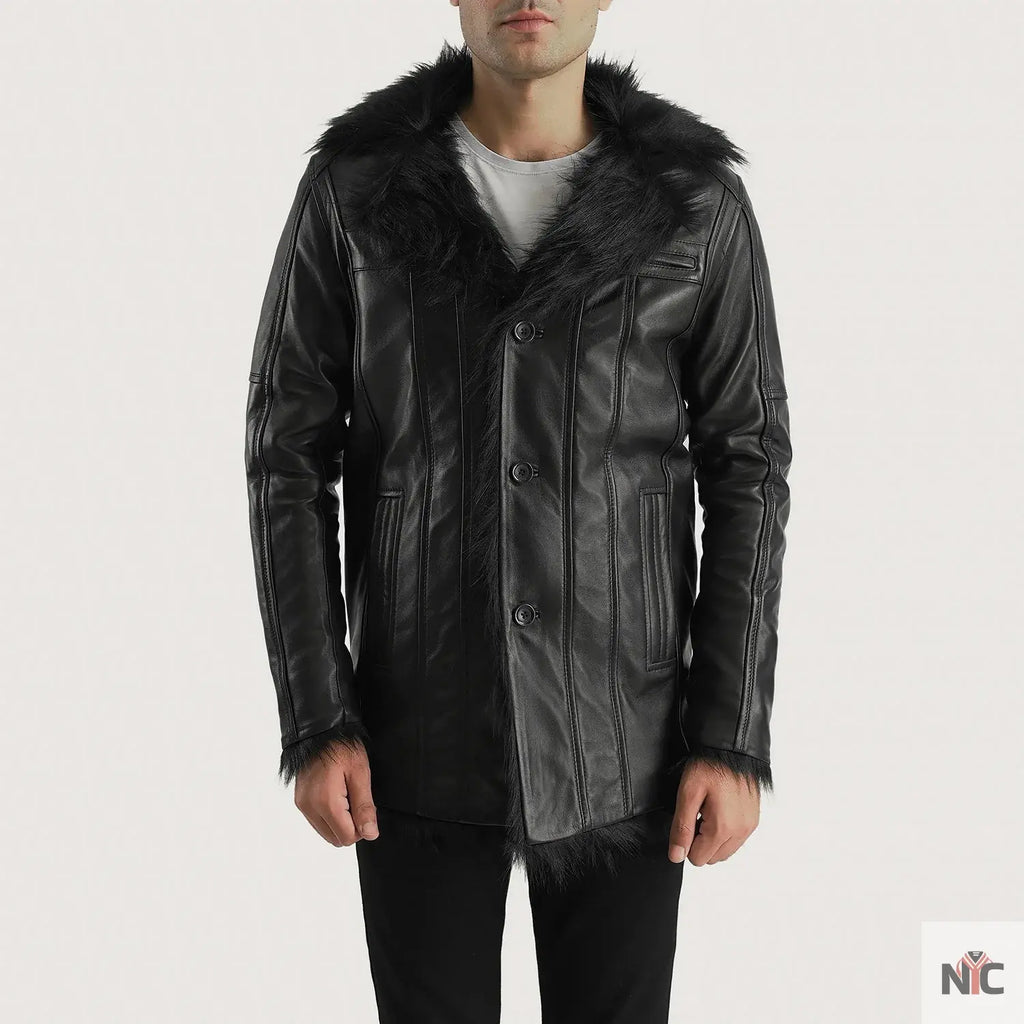 Furcliff Black Leather Coat NYC Jackets