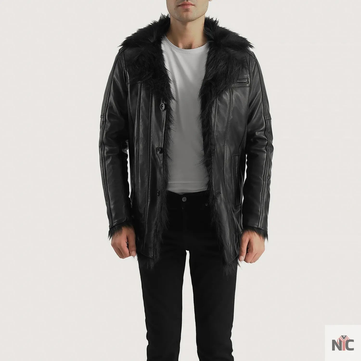 Furcliff Black Leather Coat NYC Jackets