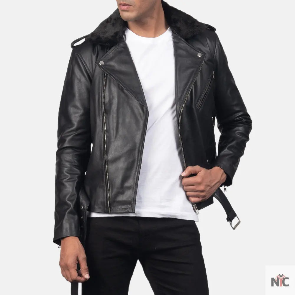 Furton Black Leather Biker Jacket NYC Jackets