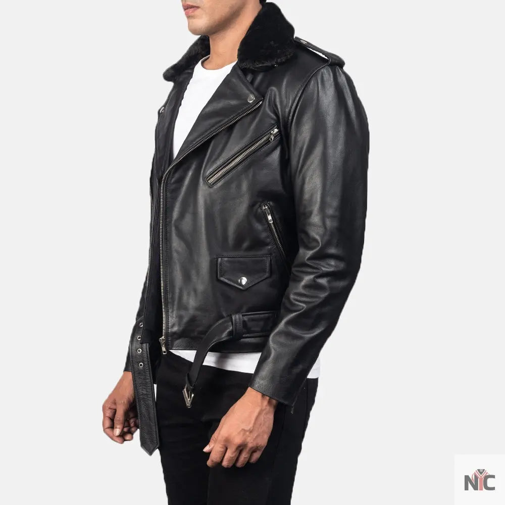 Furton Black Leather Biker Jacket NYC Jackets