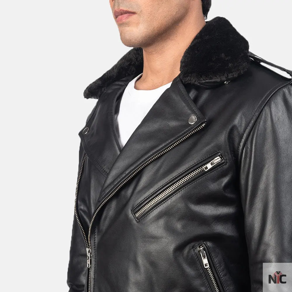 Furton Black Leather Biker Jacket NYC Jackets