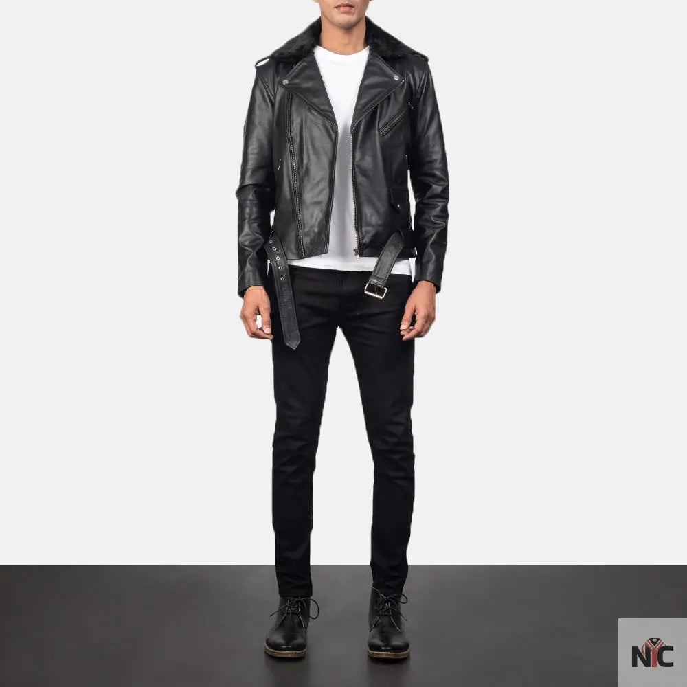 Furton Black Leather Biker Jacket NYC Jackets