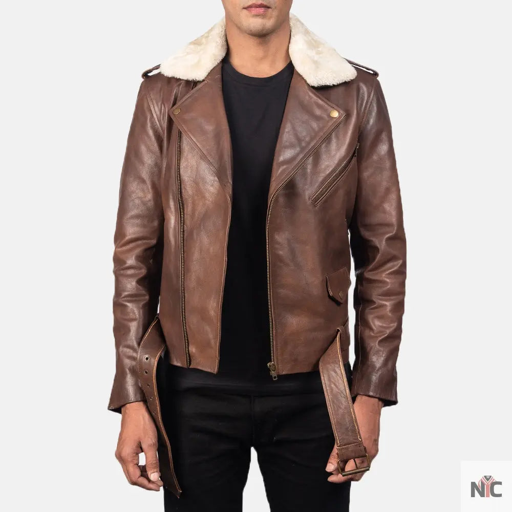 Furton Brown Leather Biker Jacket NYC Jackets