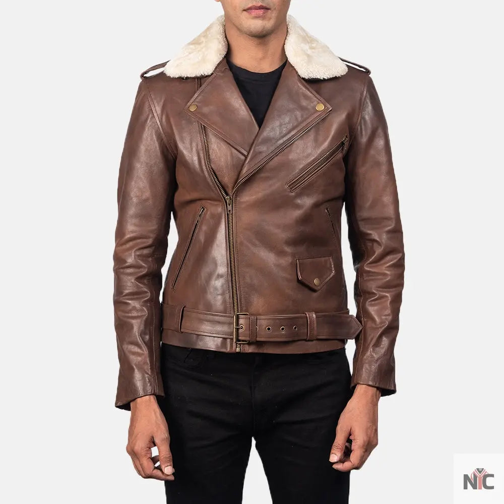 Furton Brown Leather Biker Jacket NYC Jackets