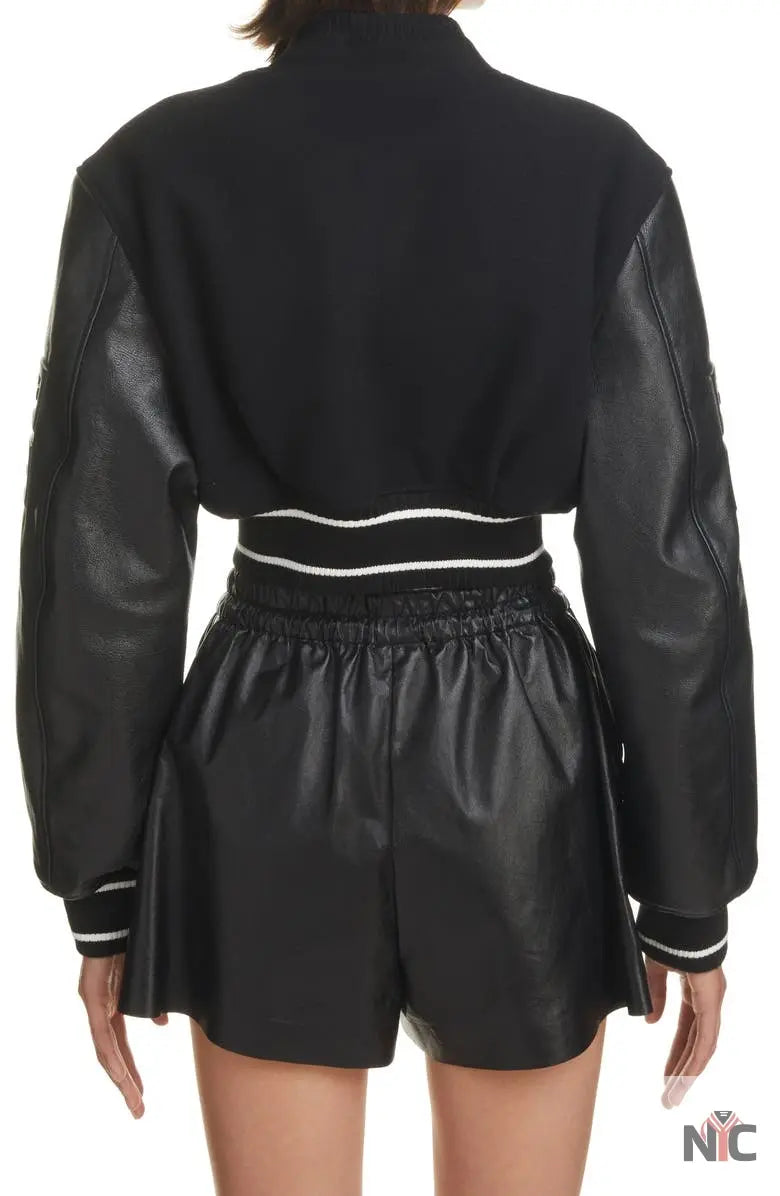 Givenchy Black Leather Sleeve Logo Crop Varsity Jacket NYC Jackets