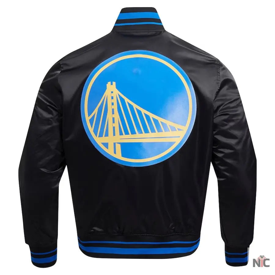 Golden State Warriors Script Tail Satin Varsity Jacket NYC Jackets