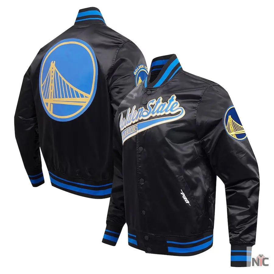 Golden State Warriors Script Tail Satin Varsity Jacket NYC Jackets