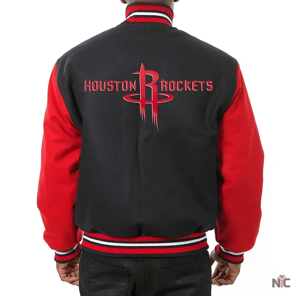 Houston Rockets Black and Red Varsity Wool Jacket. NYC Jackets
