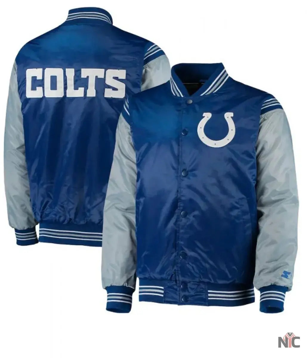 Indianapolis Colts Starter Satin Grey and Blue Jacket NYC Jackets