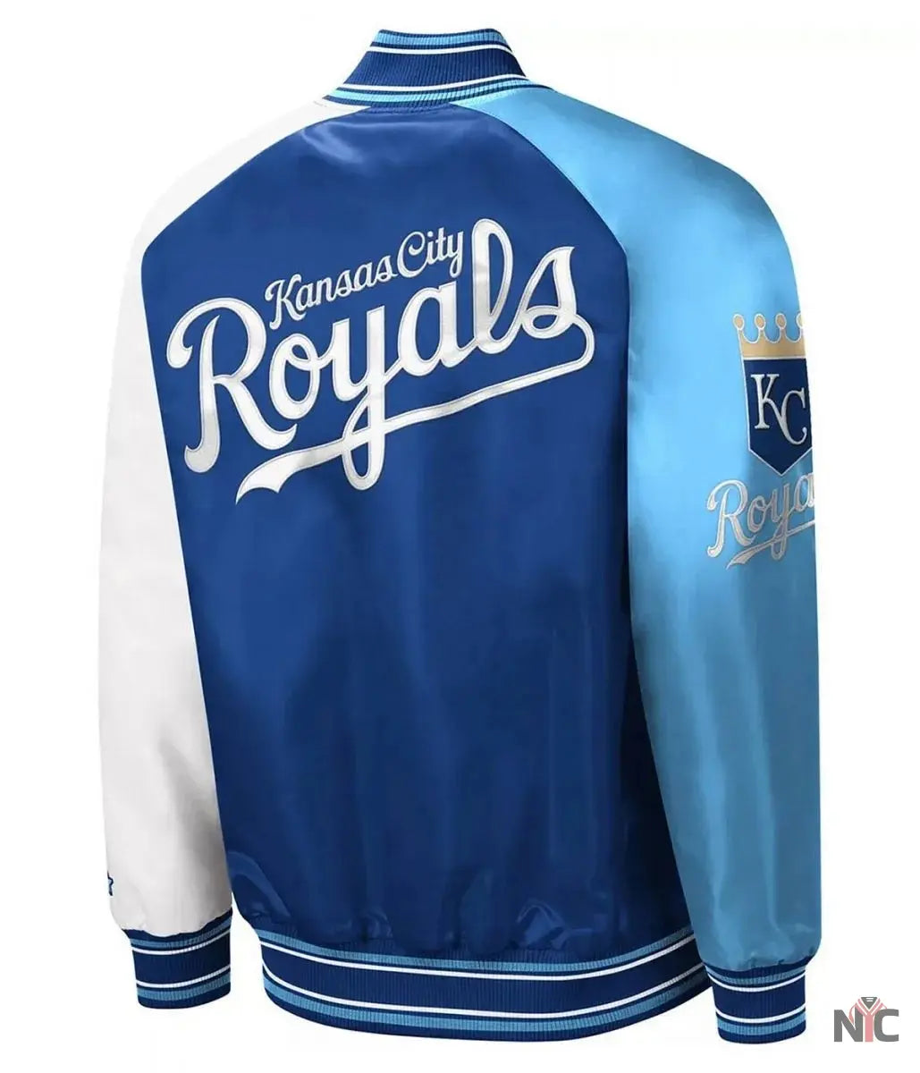 Kansas City Royals Reliever Royal and Varsity Satin Jacket NYC Jackets